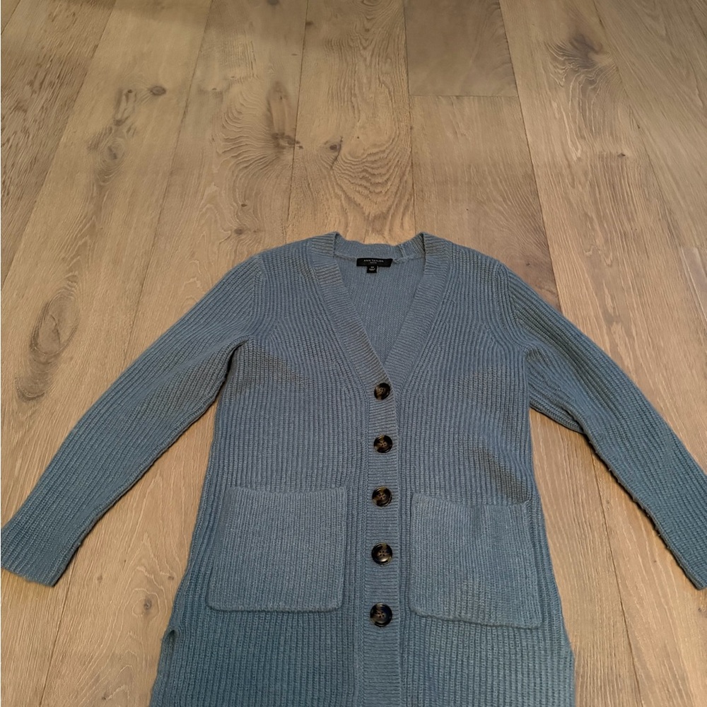 Ann Taylor Ribbed V-Neck Button-Front Slate Blue Cardigan